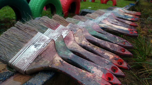 High angle view of paintbrushes