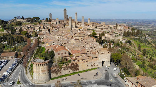 High angle view of buildings in city