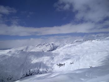 Scenic view of snow covered mountains against sky