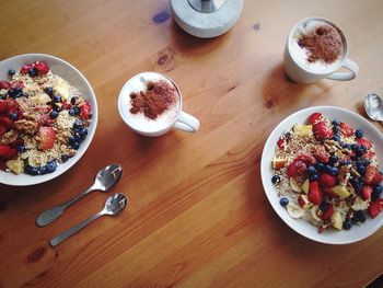 High angle view of breakfast served on table