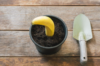 High angle view of bananas in bowl on table