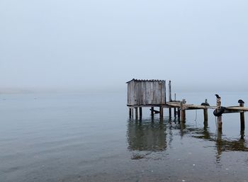 Wooden posts in sea against sky