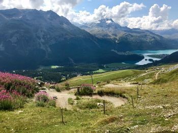 Scenic view of snowcapped mountains against sky