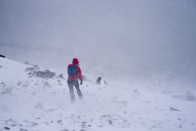 Rear view of man on snow against sky