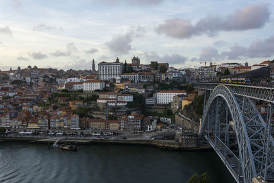 Bridge over river by buildings in city against sky