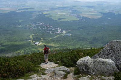 Man standing on rock by landscape