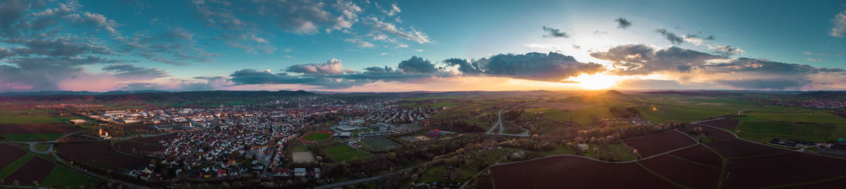 High angle view of cityscape against sky during sunset