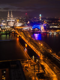 High angle view of illuminated bridge at night