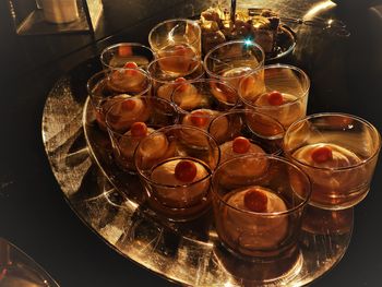 High angle view of wine glasses on table