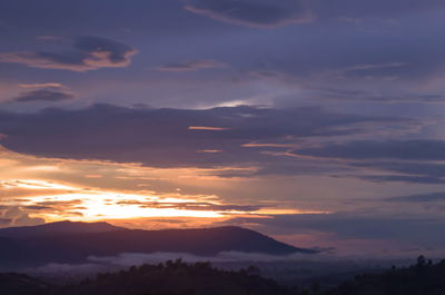 Scenic view of silhouette mountains against sky during sunset