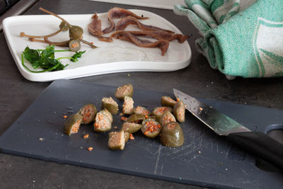 High angle view of vegetables on table