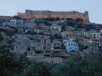 Residential district against clear sky