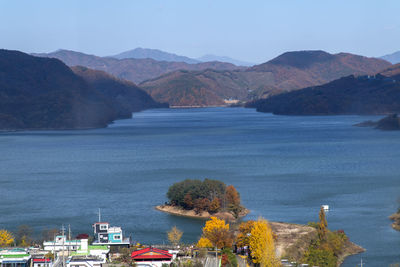 Scenic view of lake and mountains against sky