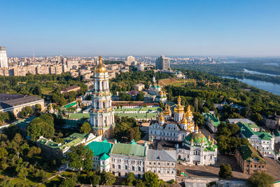 Aerial view of the mother motherland monument in kiev.