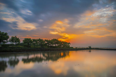 Scenic view of lake against sky during sunset