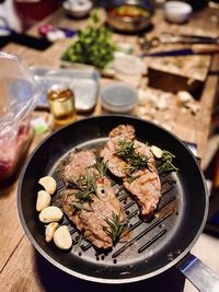 High angle view of fish served on table