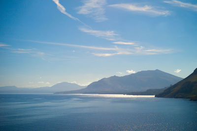 Scenic view of sea and mountains against blue sky