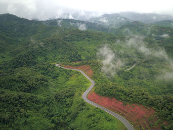 Countryside road passing through the lush green tropical rain forest mountain landscape