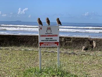 Information sign on beach against sky