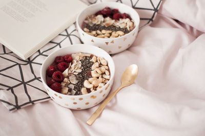 High angle view of fruits in bowl on table