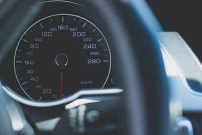 Close-up of speedometer in car