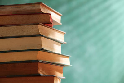 Close-up of stack of books on table