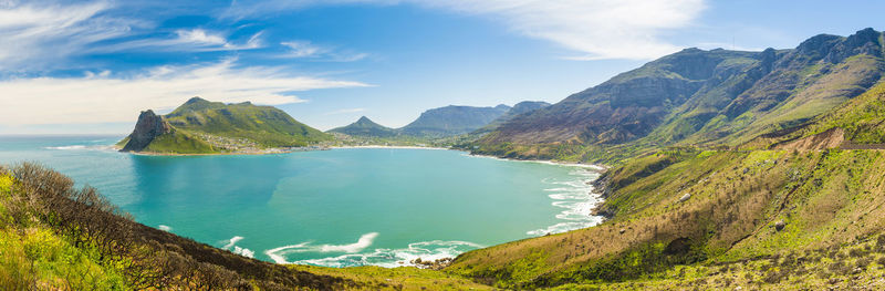 Scenic view of sea and mountains against sky