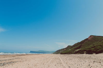 Scenic view of beach against clear blue sky