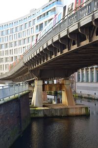 Bridge over river against buildings in city