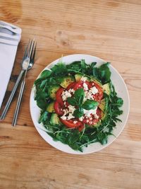 High angle view of salad in plate on table