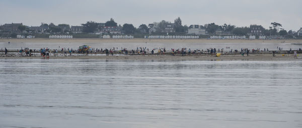 People on beach against sky