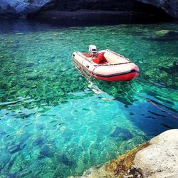 High angle view of boat moored in sea