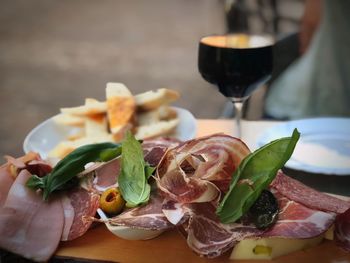 Close-up of meal served on table