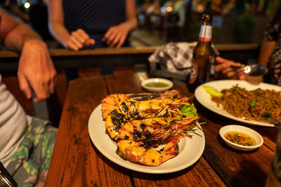 High angle view of food served on table