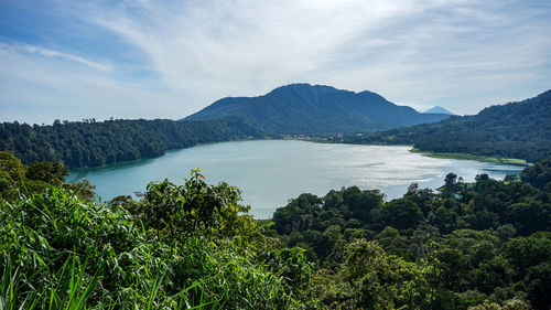 Scenic view of lake and mountains against sky