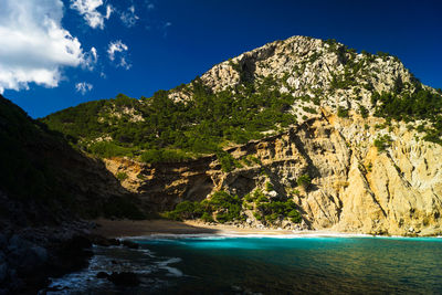 Scenic view of sea and mountains against sky