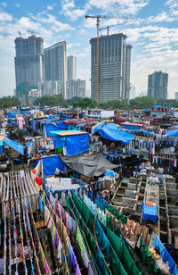 Mahalaxmi dhobi ghat is open air laundromat lavoir in mumbai, india with laundry dry on ropes