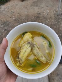 Close-up of hand holding soup in bowl