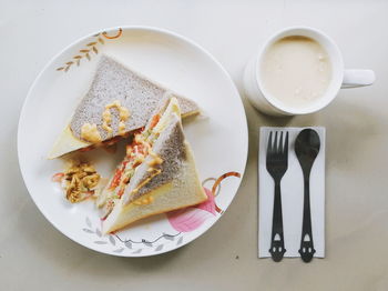 High angle view of breakfast on table