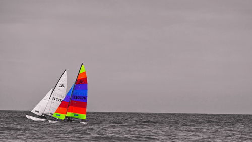 Sailboat sailing on sea against sky