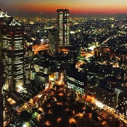 High angle view of city at night