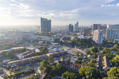 High angle view of buildings in city