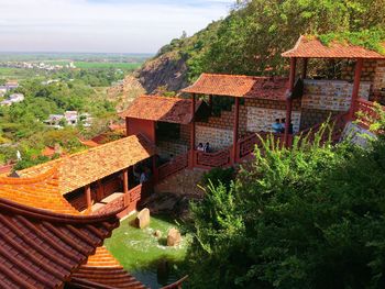 High angle view of houses and buildings in town