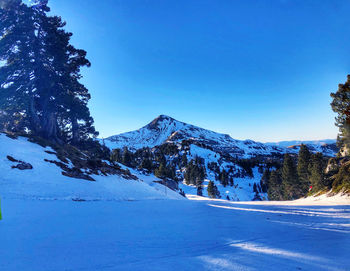 Scenic view of snowcapped mountains against clear blue sky