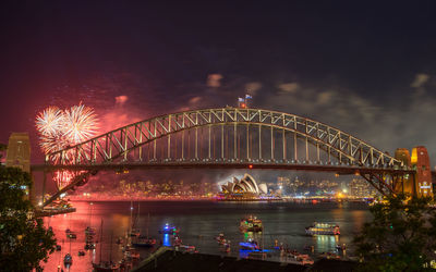 Illuminated ferris wheel by river against sky at night