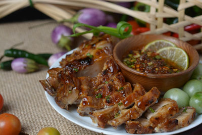 Close-up of food in plate on table