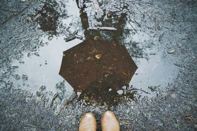 Low section of person standing by puddle during rainy season