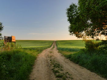 Dirt road amidst field against sky