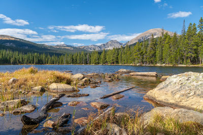 Scenic view of lake and mountains against sky