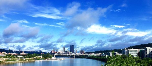 Buildings in city against cloudy sky